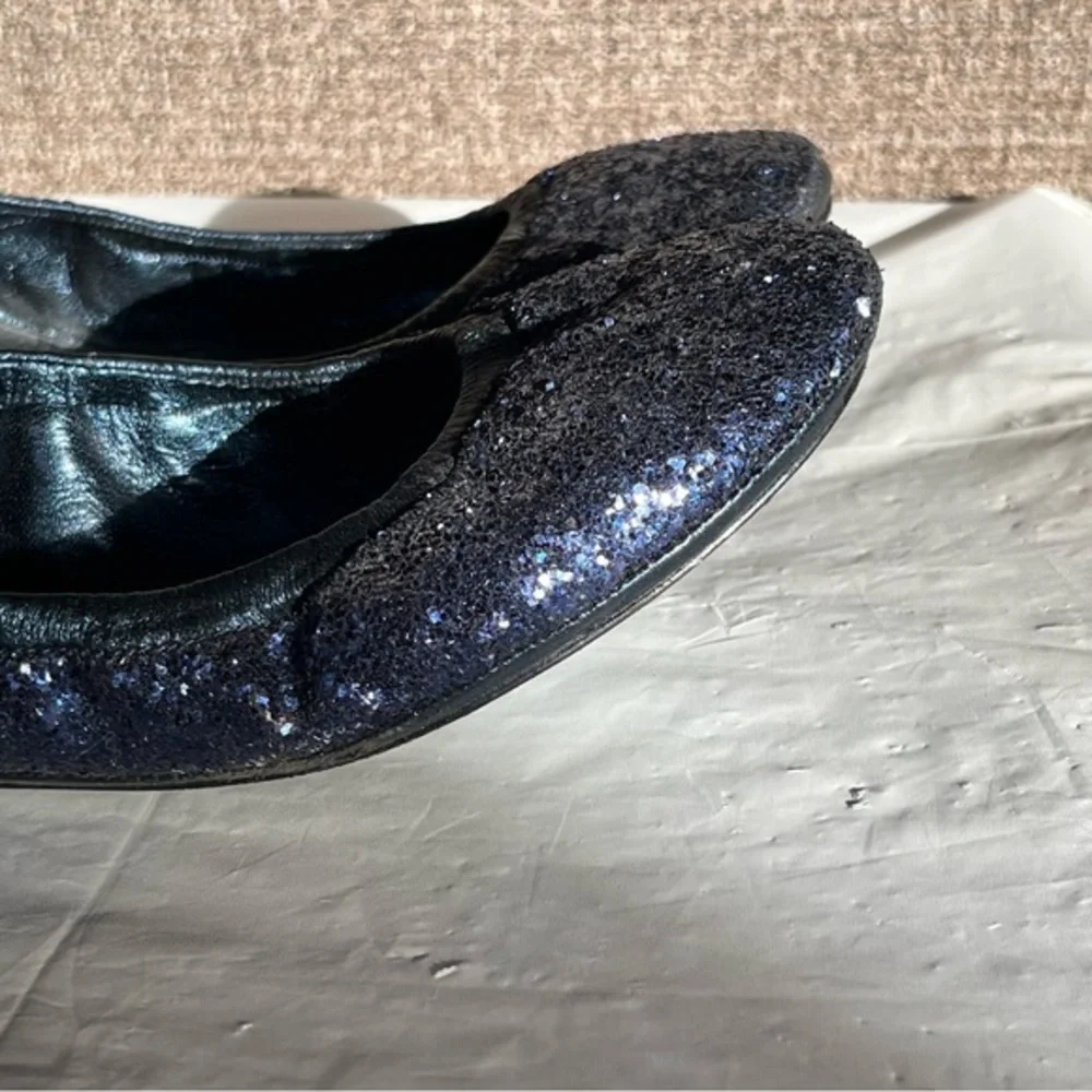 Tory Burch‎ Blue Sparkle Ballet Flats Womens Size 7.5 Leather Sole Slip On Logo
